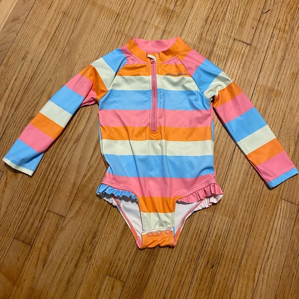 Eddie Bauer Girl 24 month One Piece Long Sleeve Rash Guard Striped Kids Swimwear